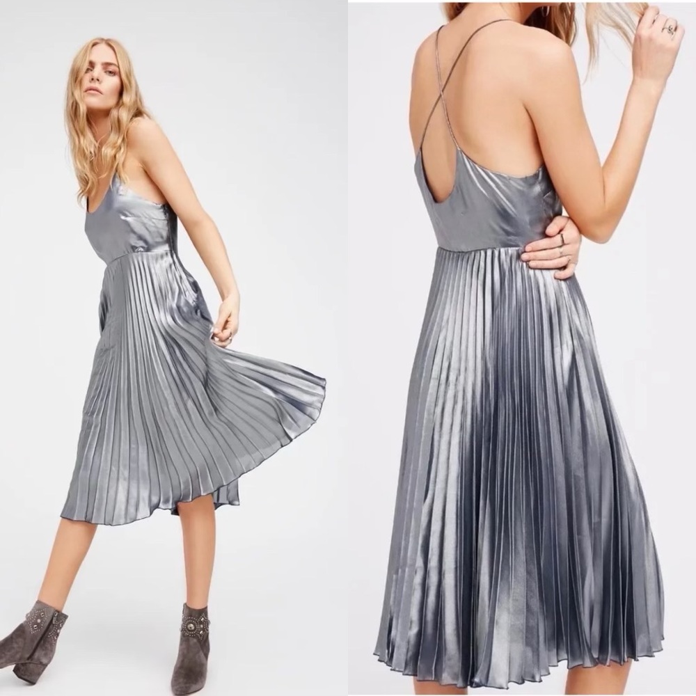 Free People Metallic Silver Mermaid Pleated Dress in Size 0